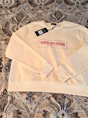 True Religion Cream Crewneck with Pink Logo and Rhinestone Trim